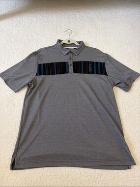 Travis Mathew Gray Polo with Navy & Multicolor Stripe Chest